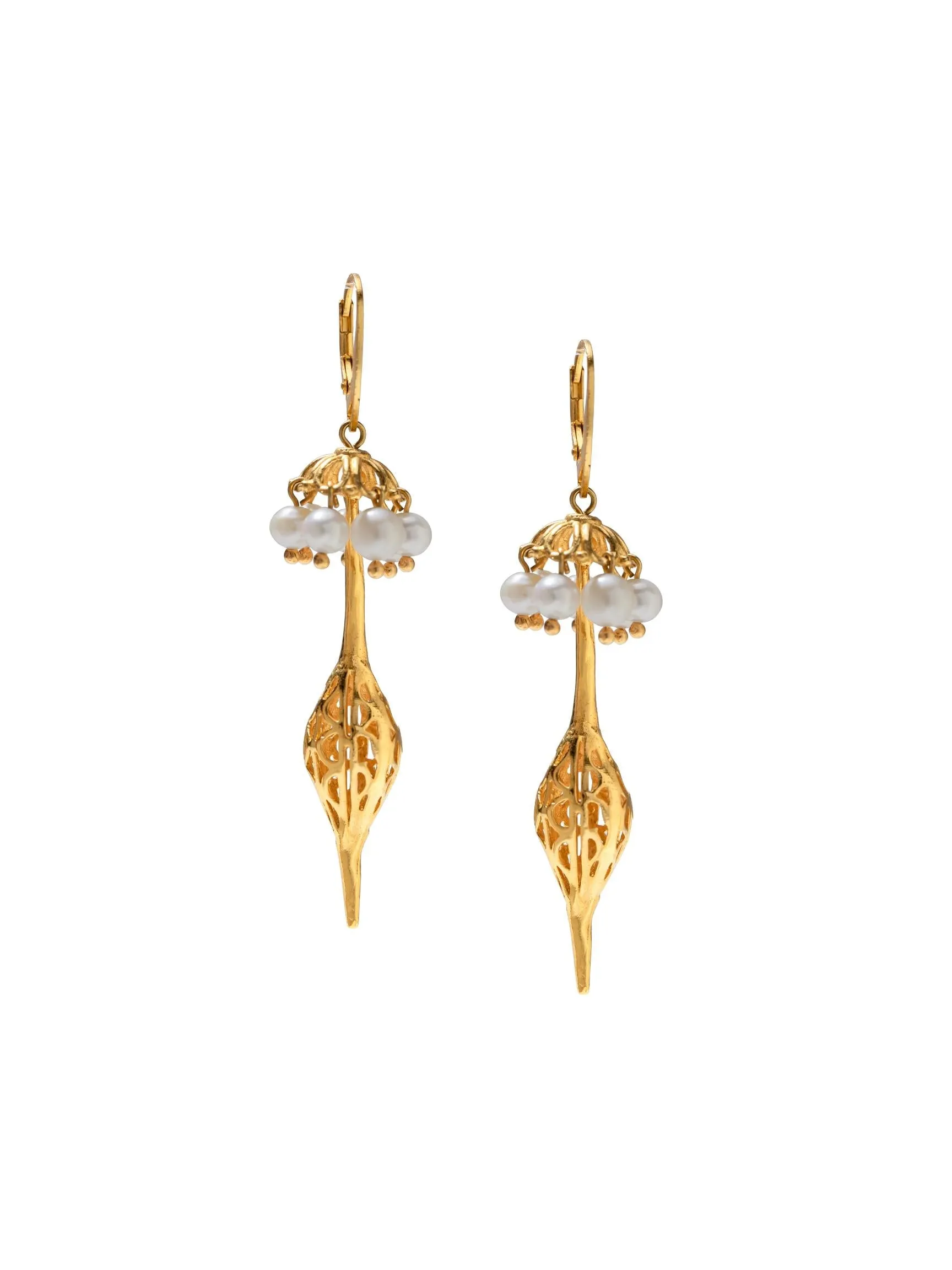 Umbrella Pearl Gold Oriental Earrings