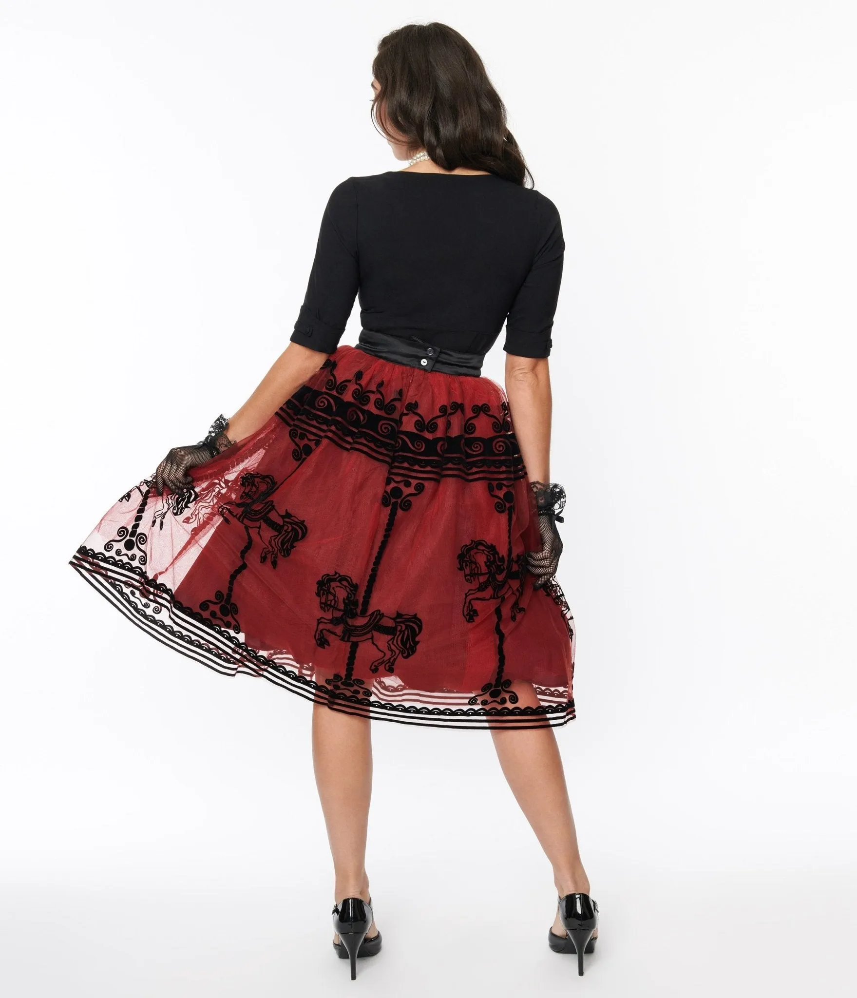 Unique Vintage Burgundy Carousel Brilliance Swing Skirt