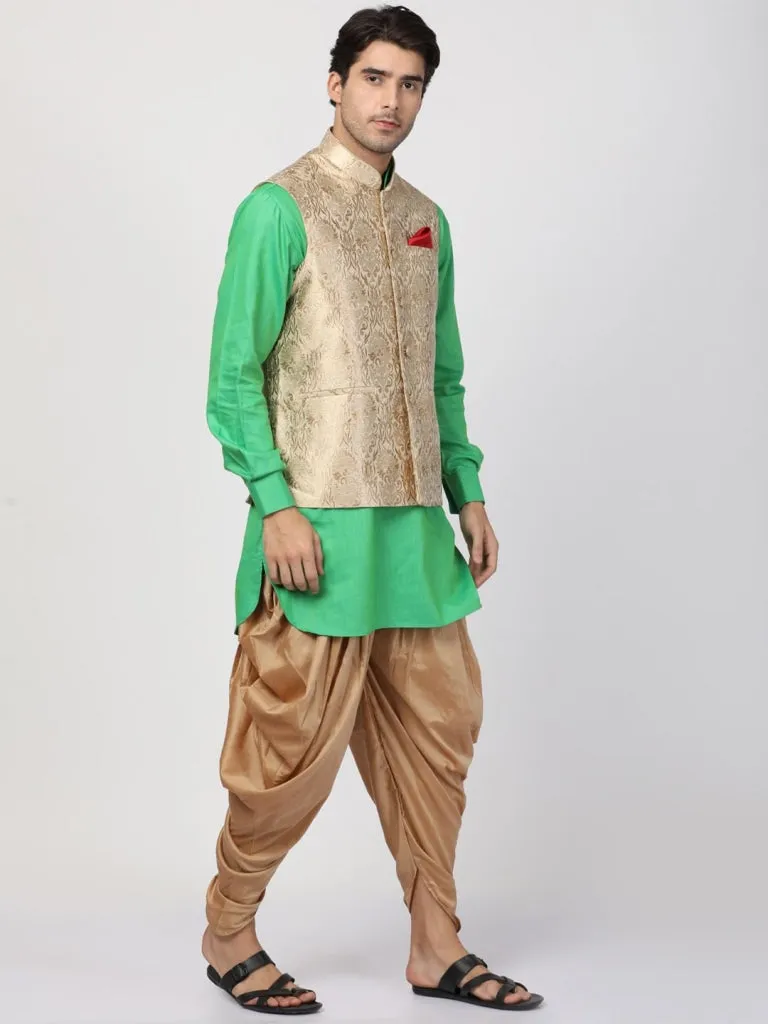 VASTRAMAY Men's Mint Green Cotton Silk Blend Ethnic Jacket, Kurta and Dhoti Pant Set