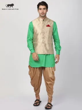 VASTRAMAY Men's Mint Green Cotton Silk Blend Ethnic Jacket, Kurta and Dhoti Pant Set