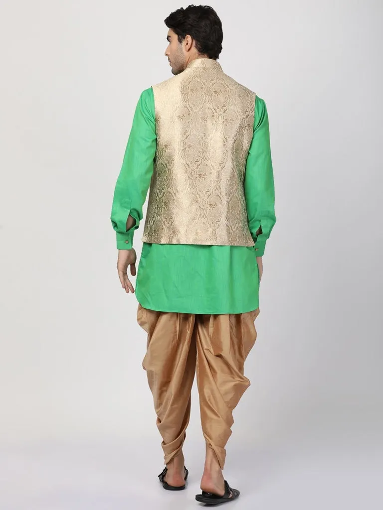 VASTRAMAY Men's Mint Green Cotton Silk Blend Ethnic Jacket, Kurta and Dhoti Pant Set