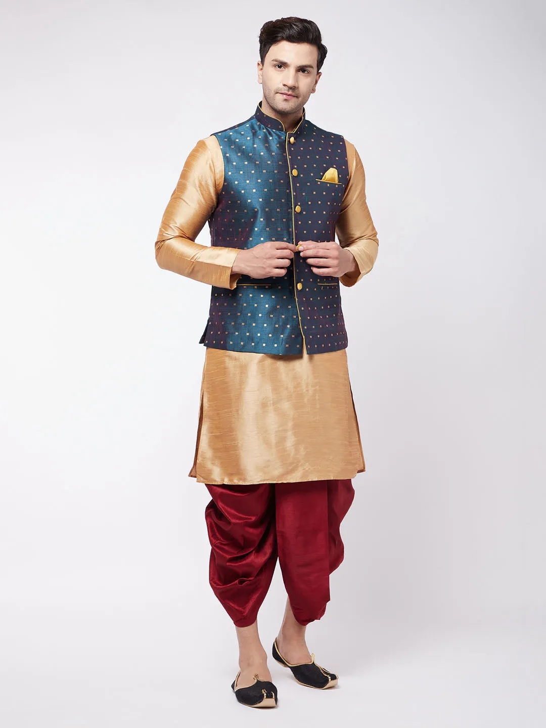 VM BY VASTRAMAY Men's Blue Zari Weaved Jacket With Kurta Dhoti Set