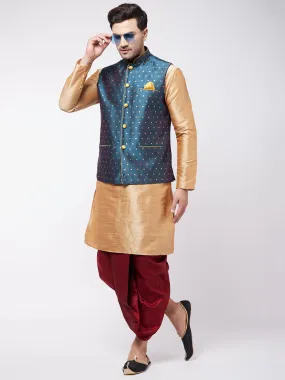 VM BY VASTRAMAY Men's Blue Zari Weaved Jacket With Kurta Dhoti Set