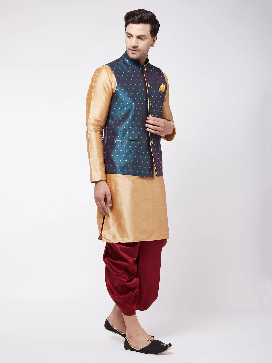 VM BY VASTRAMAY Men's Blue Zari Weaved Jacket With Kurta Dhoti Set