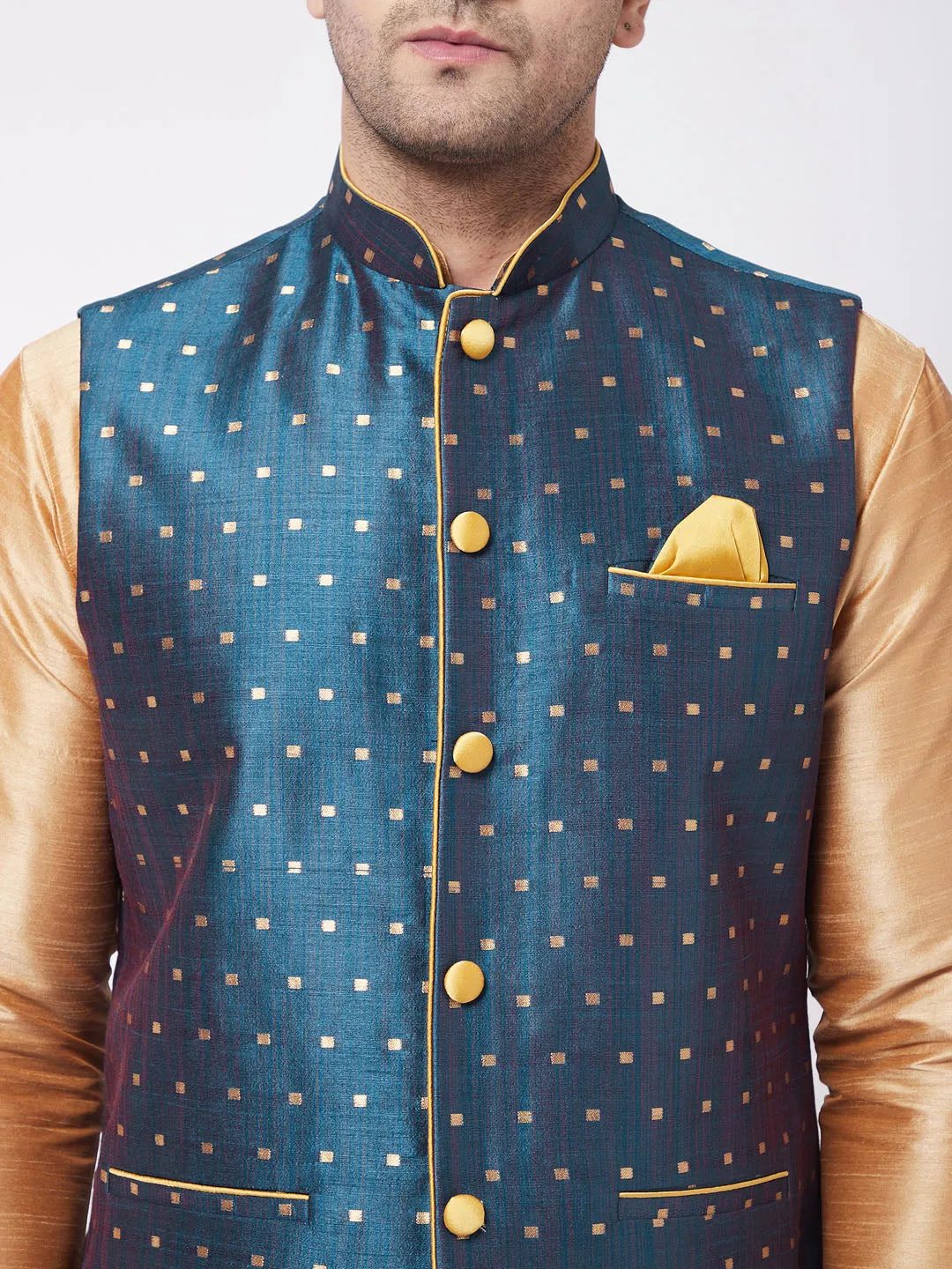 VM BY VASTRAMAY Men's Blue Zari Weaved Jacket With Kurta Dhoti Set