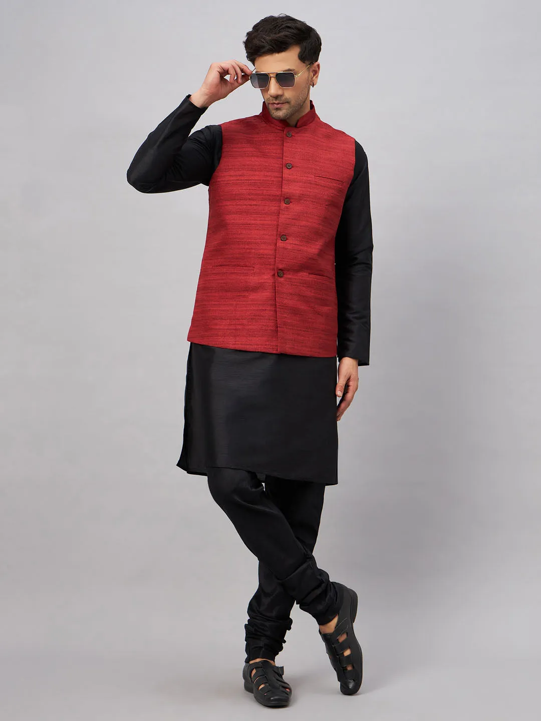 VM By VASTRAMAY Men's Maroon Jacket With Black Solid Silk Blend Kurta and Pyjama Set