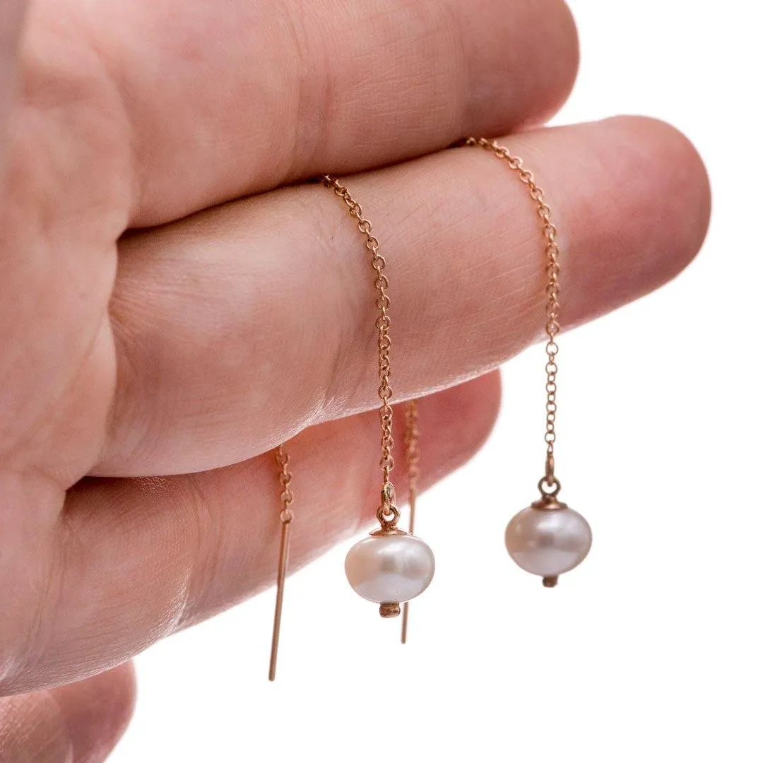 White Pearl Long Threader Earrings in 14kGF Rose Gold Filled, Ready to Ship