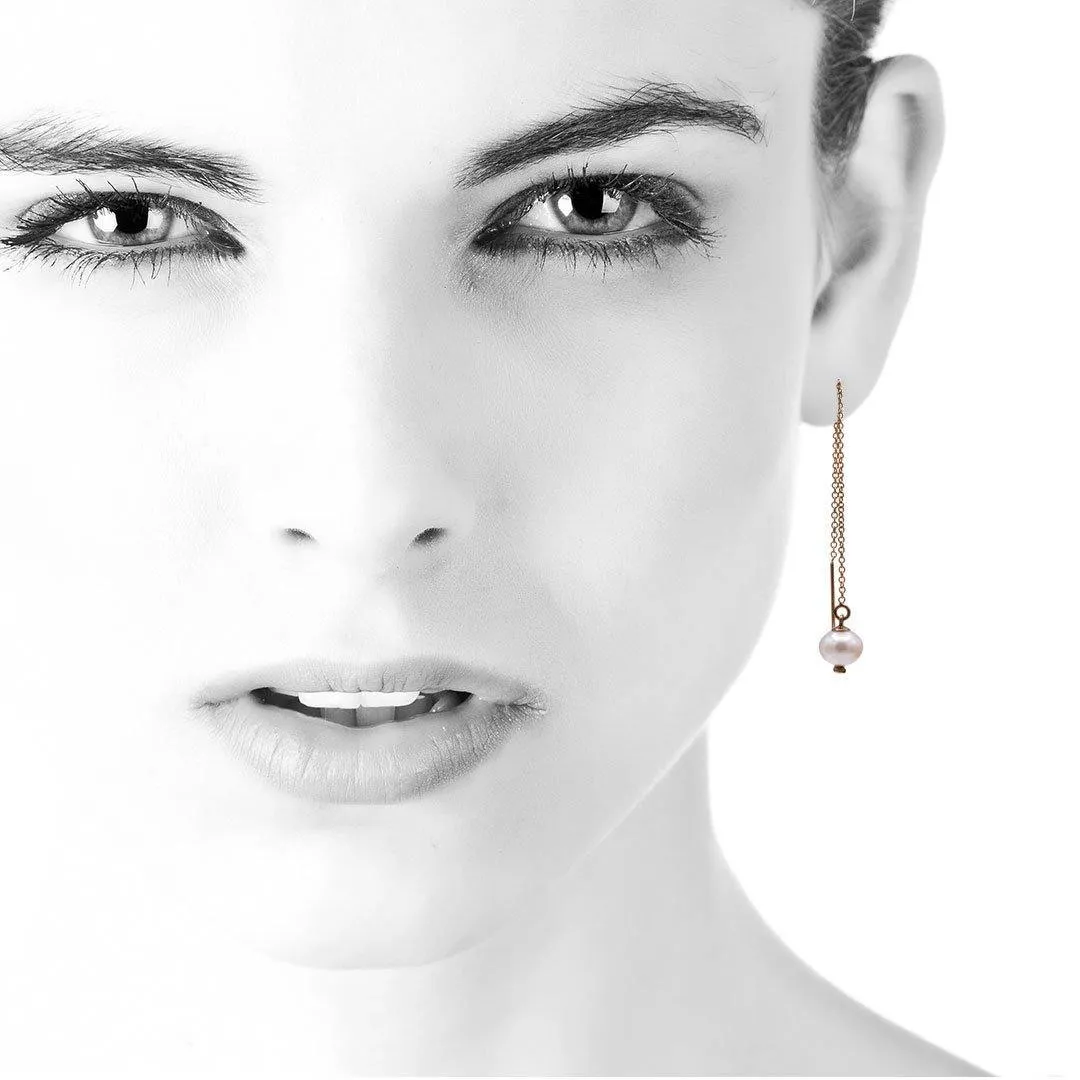 White Pearl Long Threader Earrings in 14kGF Rose Gold Filled, Ready to Ship