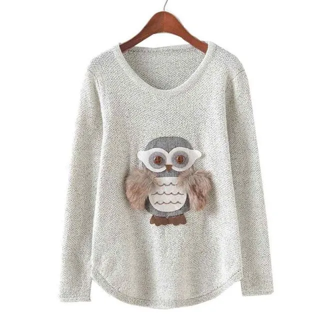 Women Sweaters Owl Pattern   Fashion Loose Grey O Neck Long Sleeve Knittwear Pullovers Clothing Pull femme #WY SM6