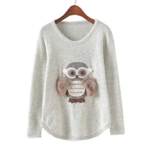 Women Sweaters Owl Pattern   Fashion Loose Grey O Neck Long Sleeve Knittwear Pullovers Clothing Pull femme #WY SM6