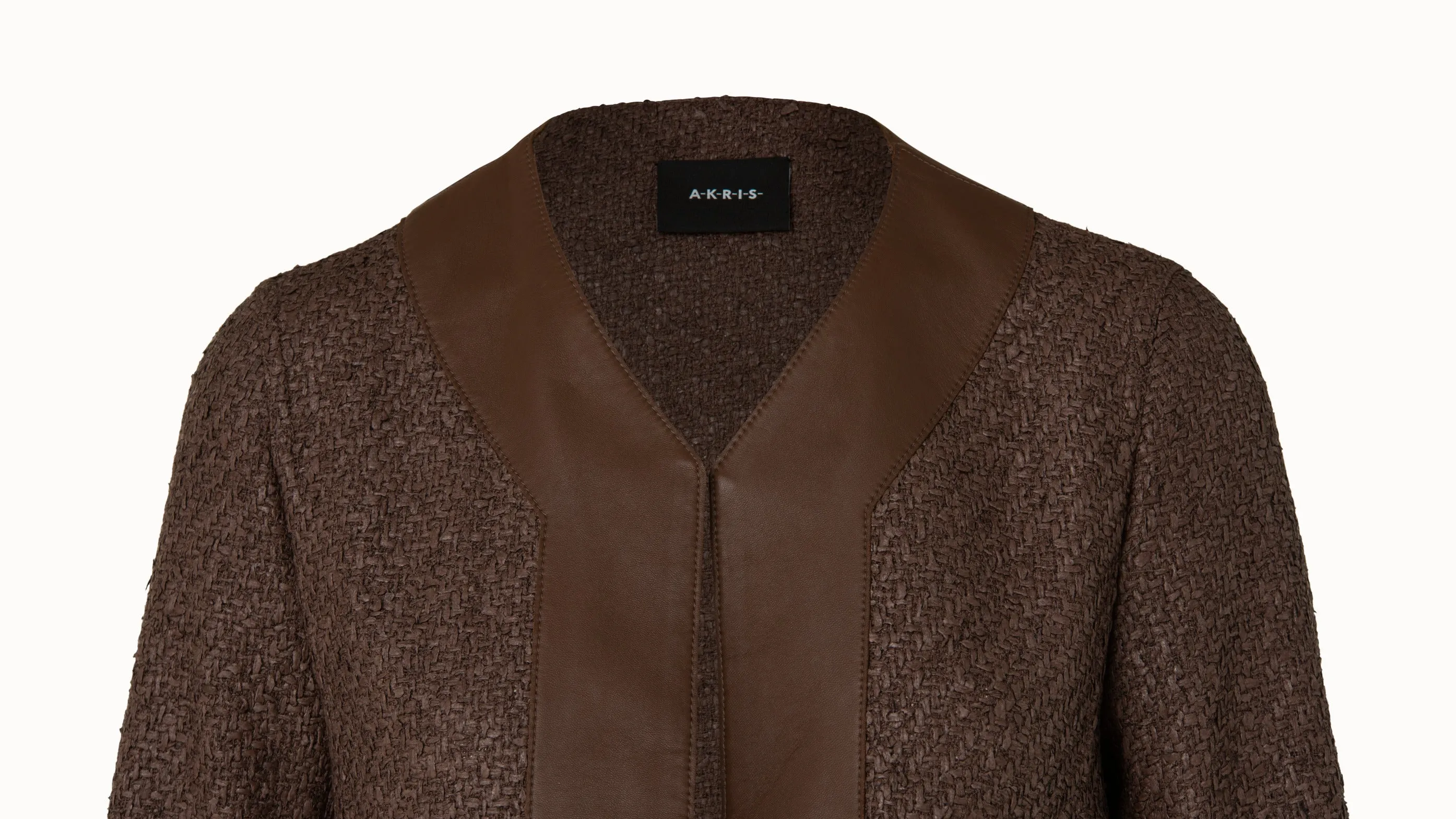 Wool Blend Structured Tweed Jacket with Leather Trim