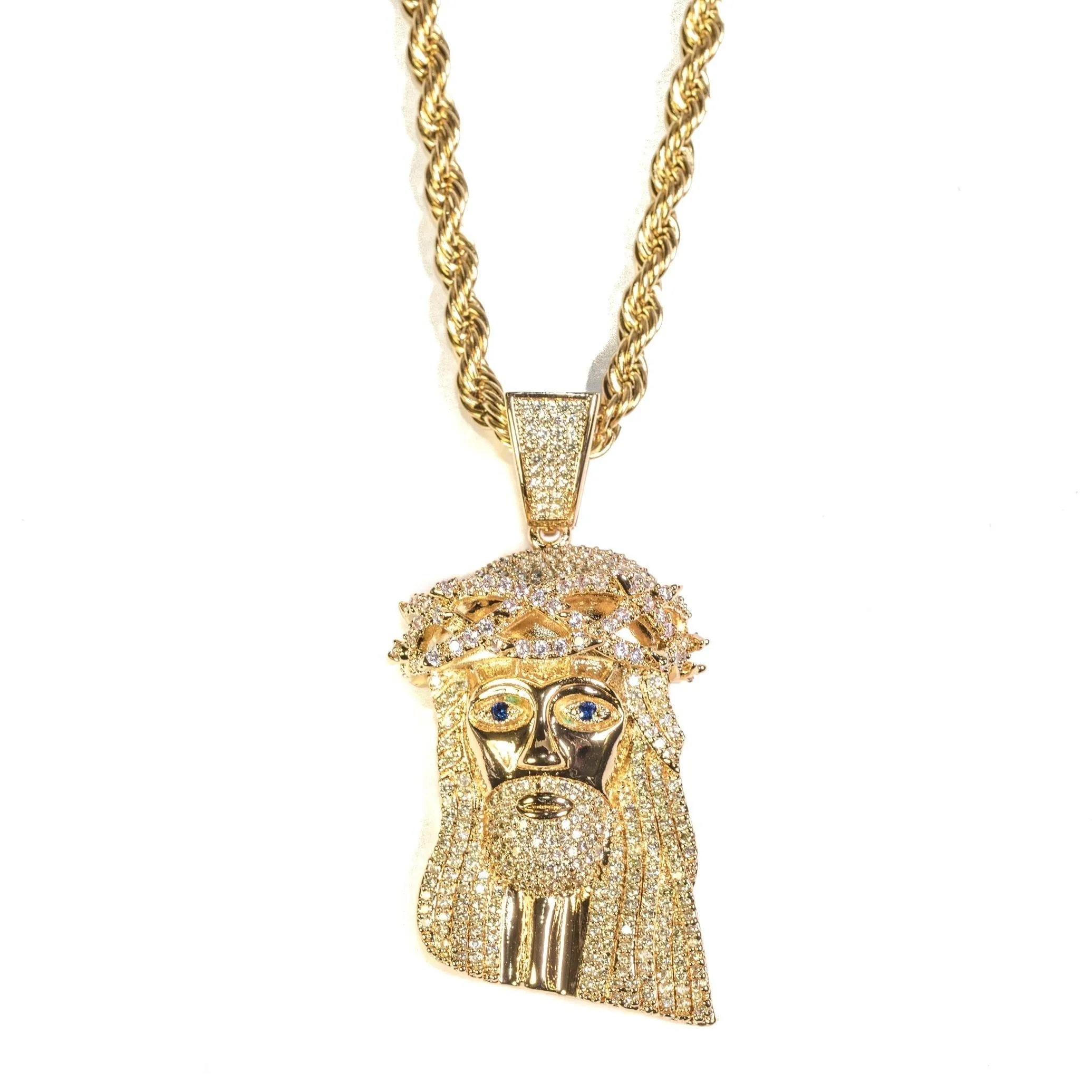 Xl Jesus with Rope Chain 18K Gold Platted Golden Gilt Pendant