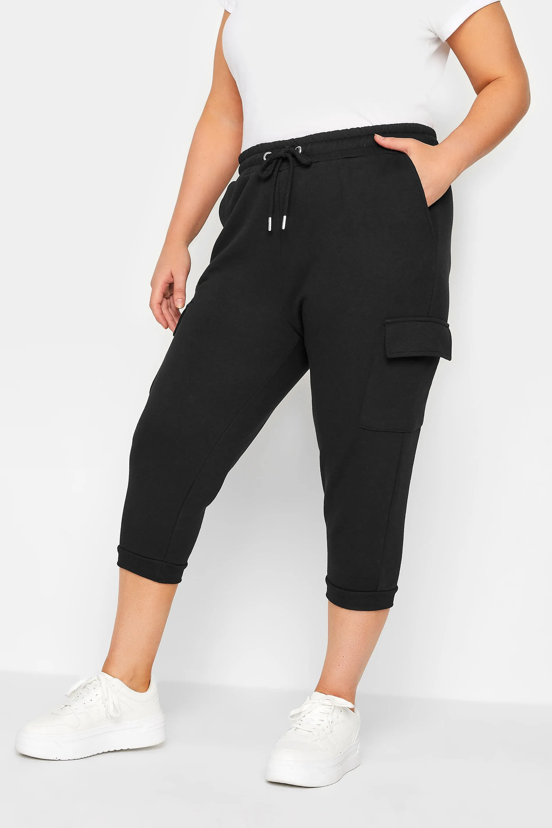 YOURS Curve Black Cargo Pocket Cropped Joggers